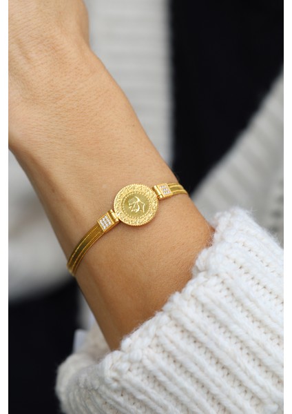 14 Ayar Altın Taş ve Trabzon Hasır Detaylı 22 Ayar Çeyrekli Bileklik