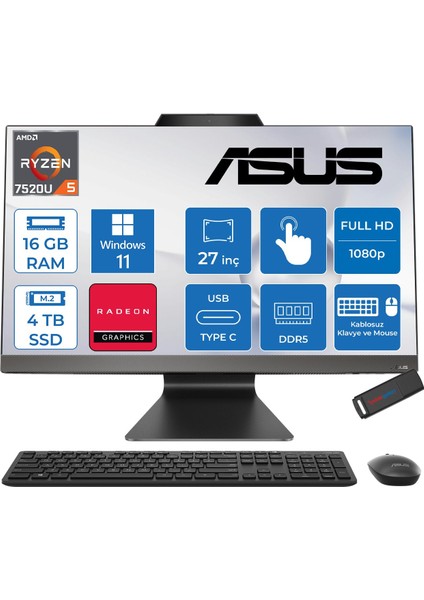 M3702WFAT Amd Ryzen 5 7520U 16GB Ddr5 4tb SSD Winodws 11 Home Dokunmatik 27 Inç Fhd (1920 x 1080)ALL In One Bilgisayar BPF0050H05 + Zetta Flash Bellek