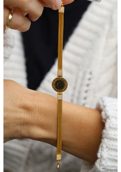 14 Ayar Altın Taş ve Trabzon Hasır Detaylı 22 Ayar Çeyrekli Bileklik modelleri