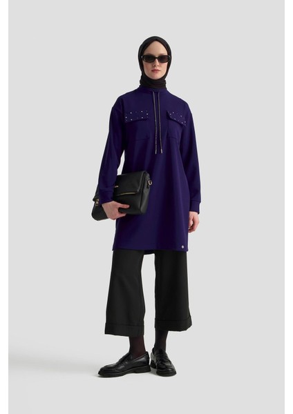 Cep Kapağı Taş Detaylı Taşlı Bağcıklı Crep Tunik Morcivert 25KT451 fiyatları