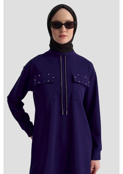 Cep Kapağı Taş Detaylı Taşlı Bağcıklı Crep Tunik Morcivert 25KT451 modelleri