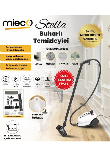Stella 5 Bar/ 2000W / Çok Fonksiyonlu Buharlı Temizleyici + Ütü Başlığı ve Eldiven Hediyeli - Beyaz