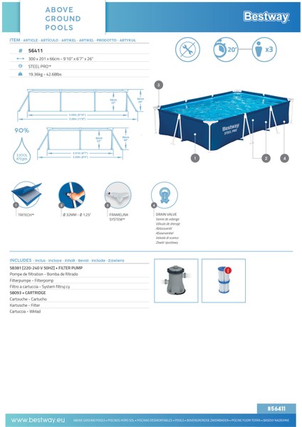 56411 Steel Pro™ Yer Üstü Prefabrik Dikdörtgen Havuz Seti 3,00 M x 2,01 M x 66 cm