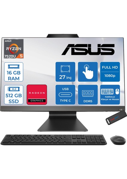 M3702WFAT Amd Ryzen 5 7520U 16GB Ddr5 512GB SSD Freedos Dokunmatik 27 Inç Fhd (1920 x 1080)ALL In One Bilgisayar BPF0050F02 + Zetta Flash Bellek