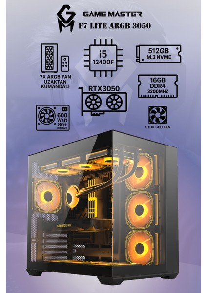 F7 Lite Argb RTX3050 Intel I5-12400F Cpu 16GB Ram 512GB M.2 SSD RTX3050 6gb 7x Argb Fanlı Gaming Pc