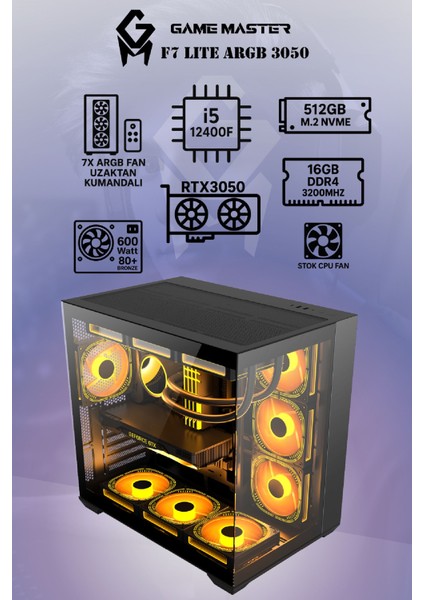 F7 Lite Argb RTX3050 Intel I5-12400F Cpu 16GB Ram 512GB M.2 SSD RTX3050 6gb 7x Argb Fanlı Gaming Pc modelleri