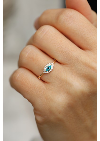 14 Ayar Altın Taş Çerçeveli Mineli Göz Yüzük