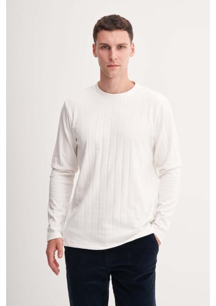 Erkek Bisiklet Yaka Jakarlı Sweatshirt Ekru Kazak