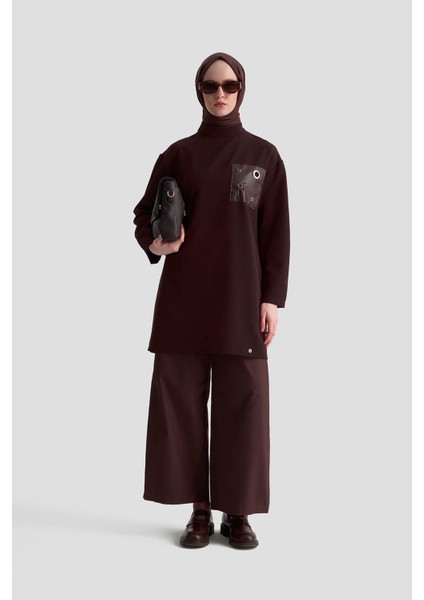 Deri ve Kuşgözü Detaylı Tunik Kahverengi 25KT438