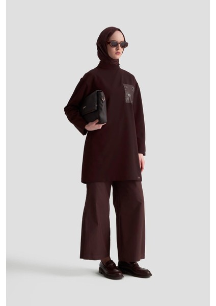 Deri ve Kuşgözü Detaylı Tunik Kahverengi 25KT438 fiyatları