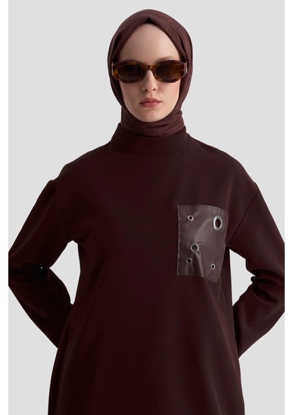 Deri ve Kuşgözü Detaylı Tunik Kahverengi 25KT438 modelleri