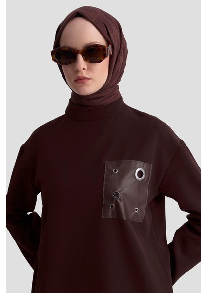 Deri ve Kuşgözü Detaylı Tunik Kahverengi 25KT438 fırsatları