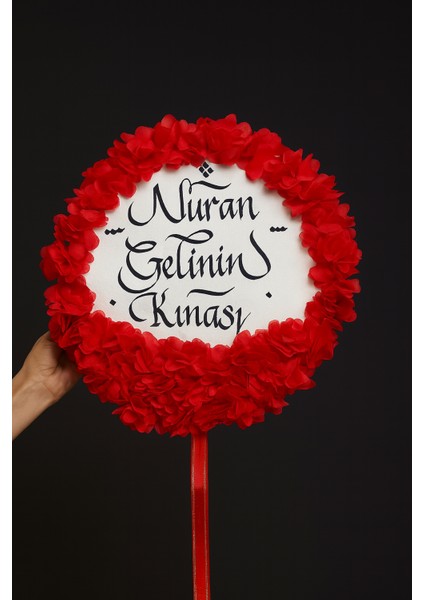 Vurmalı Zilli Lazer Güllü Süslü Deri Tef Gelin Tefi Isme Özel Deri Tef 30CM Çap Kırmızı