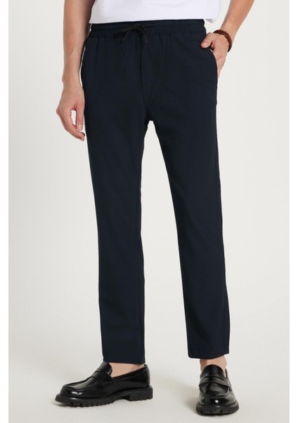 Erkek Slim Fit Dar Kesim Pamuklu Lastikli Beli Bağcıklı Lacivert Pantolon