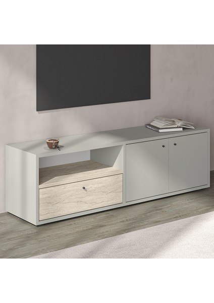 Pao Kapaklı Minimal TV Sehpası – 136 cm, Gri/ Traverten