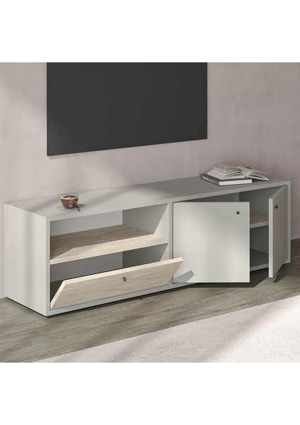 Pao Kapaklı Minimal TV Sehpası – 136 cm, Gri/ Traverten