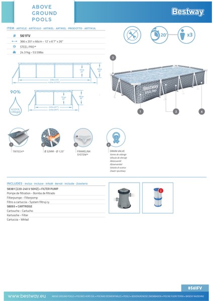 561FV Steel Pro® Dikdörtgen Prefabrik Yer Üstü Havuz Seti 3,66 M x 2,01 M x 66 cm
