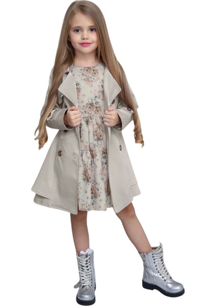 Kız Çocuk Çiçek Desenli Piliseli Duman Gri Trençkotlu Elbise