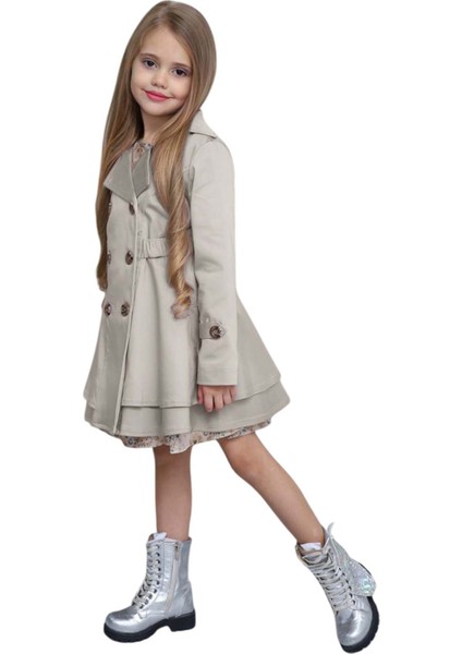 Kız Çocuk Çiçek Desenli Piliseli Duman Gri Trençkotlu Elbise fiyatları