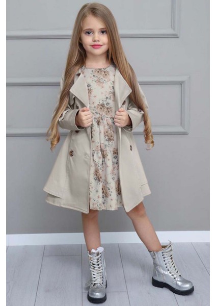 Kız Çocuk Çiçek Desenli Piliseli Duman Gri Trençkotlu Elbise fırsatları