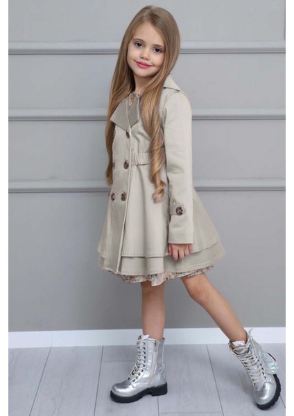 Kız Çocuk Çiçek Desenli Piliseli Duman Gri Trençkotlu Elbise indirimleri