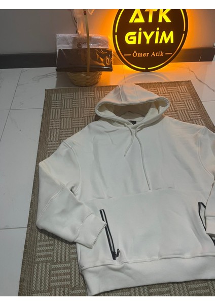 Unisex Relax Fit Rahat Kesim Pamuklu Içi Polarlı Çift Cepli Fermuarlı Beyaz Kapüşonlu Sweatshirt indirimleri