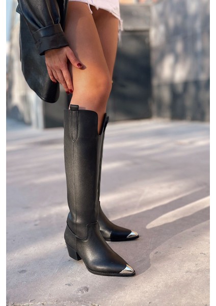 Leroys Mat Deri Siyah Kadın Kovboy Çizme