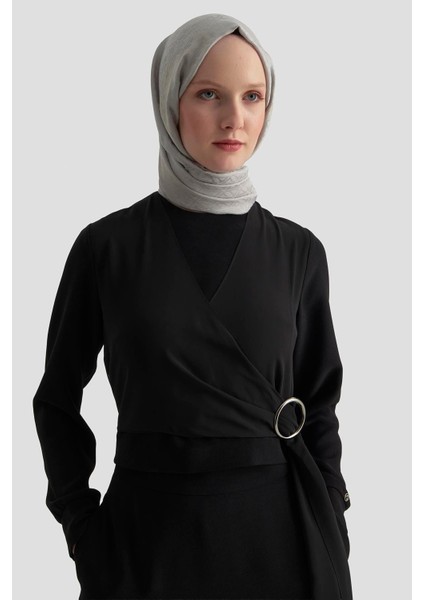 Şifon Garnili Halka Detaylı Crep Etekli Ikili Takım Siyah 25KT672 modelleri