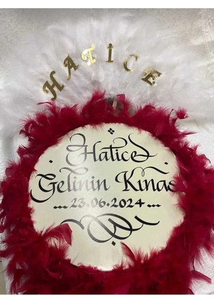 Isme Özel Kına Yelpazesi ve Gelin Tefi Seti Otrişli Deri Tef Vurmalı Çalgı Def Kırmızı Bordo Beyaz