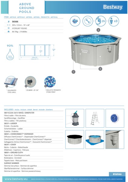 ® 56566 Hydrium™ Çelik Duvarlı Prefabrik Yer Üstü Havuz Seti 3,05M x 1,22 M