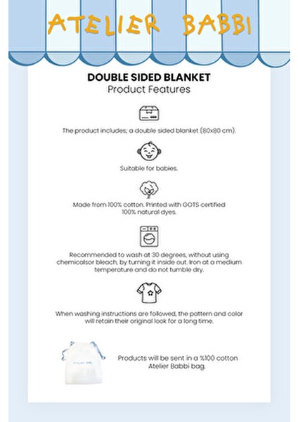Bebek Battaniyesi Nefes Alan Pamuk Kumaşla Kurdele Desenli Mavi 80x80 cm