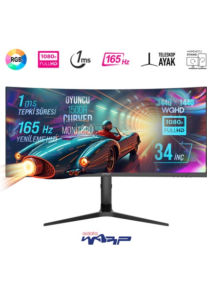 WRP34-165-B 34" 165HZ 1ms Rgb Curved (Hdmı + Display Port) Freesync + G-Sync (3440*1440) Wqhd Oyuncu Monitörü
