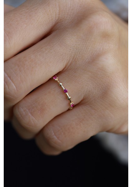 14 Ayar Altın Fuşya Taş ve Top Detaylı Örüntü Yüzük fiyatları