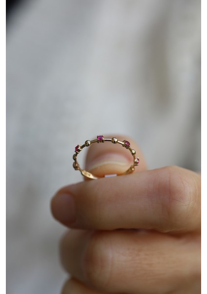 14 Ayar Altın Fuşya Taş ve Top Detaylı Örüntü Yüzük indirimleri