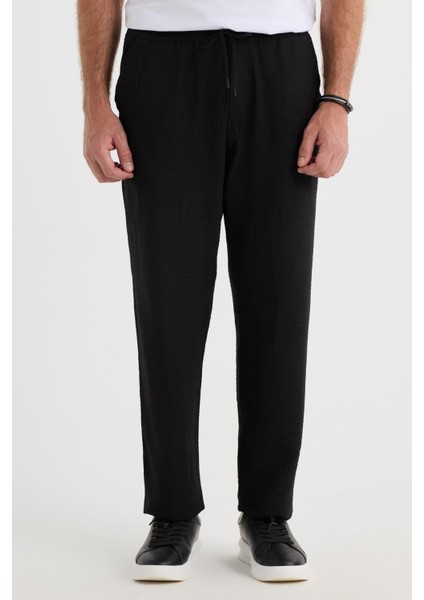 Erkek Standart Fit Normal Kesim Beli Bağcıklı Geniş Paça Siyah Pantolon