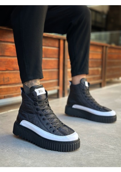 ET0811 Yüksek Taban Siyah Paraşüt Kumaş Beyaz Cilt Detaylı Yarım Bilek Spor Bot indirimleri