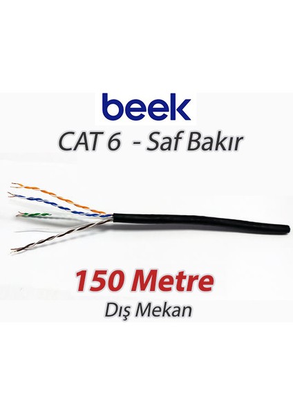 Cat6 150 Metre U-Utp Saf Bakır Dış Mekan Data Kablosu 4X2X23 Awg Pe Siyah Renk