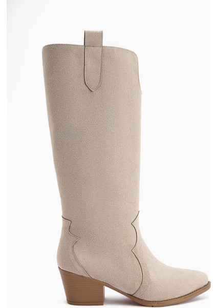 Frida Bej Süet Western Kadın Çizme 6 Cm Topuk Yüksekliği ile Şık ve Rahat