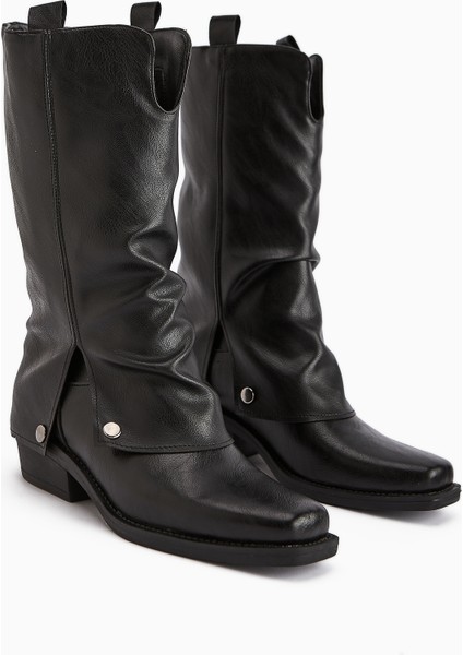 Fadia Siyah Küt Burunlu Körüklü Kadın Çizme modelleri