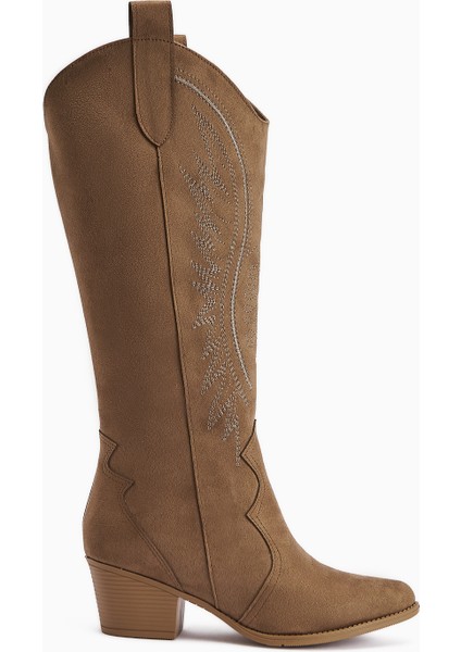 Hero Vizon Süet Nakışlı Kovboy Çizme Kadınlar İçin Şık Tasarım 6 Cm Topuk