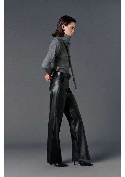 Siyah Deri Palazzo Pantolon fırsatları