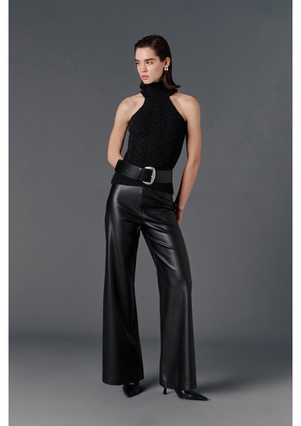 Wide Leg Deri Pantolon Siyah