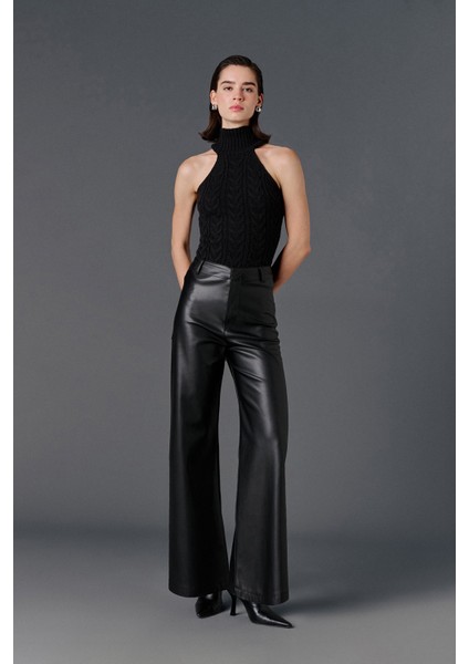 Wide Leg Deri Pantolon Siyah modelleri