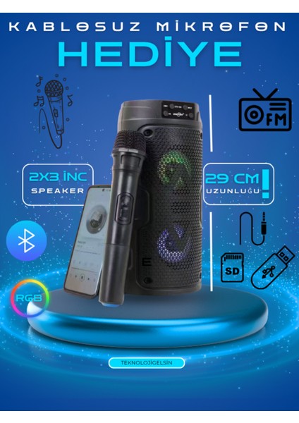 Bluetooth Hoparlör Kablosuz Mikrofonlu Karaoke Speaker Rgb 29CM Ses Bombası Fmradyo/sd Kart/usb /aux