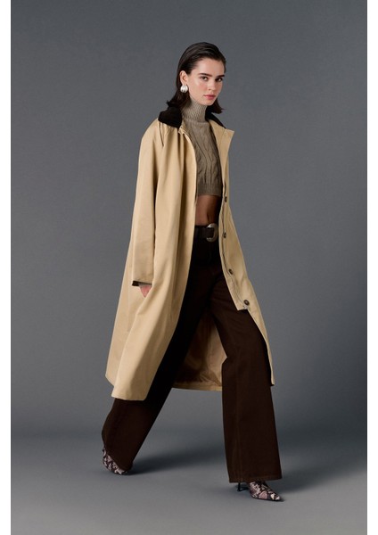Kontrast Yakalı Oversize Trençkot