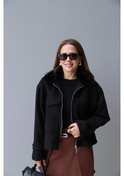 Siyah Yaka Kürk Detay Ceket modelleri