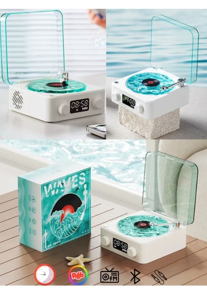 Plak Speaker Nostalji 3D Surrond Ses Kalitesi Saatli Bluetooth Hoparlör Retro Müzik Çalar Fm Radyo