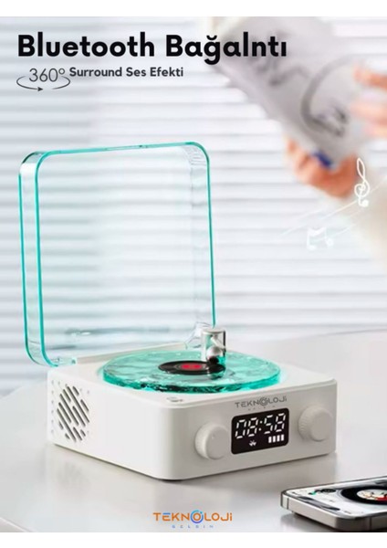 Plak Speaker Nostalji 3D Surrond Ses Kalitesi Saatli Bluetooth Hoparlör Retro Müzik Çalar Fm Radyo