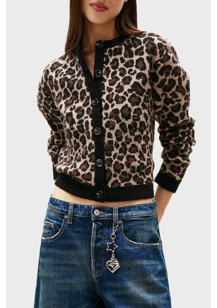 Yün Karışımlı Leopar Desenli Relaxed Fit Bisiklet Yaka Hırka Bayan Hırka DW0DW21968 0hd