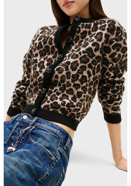 Yün Karışımlı Leopar Desenli Relaxed Fit Bisiklet Yaka Hırka Bayan Hırka DW0DW21968 0hd fırsatları